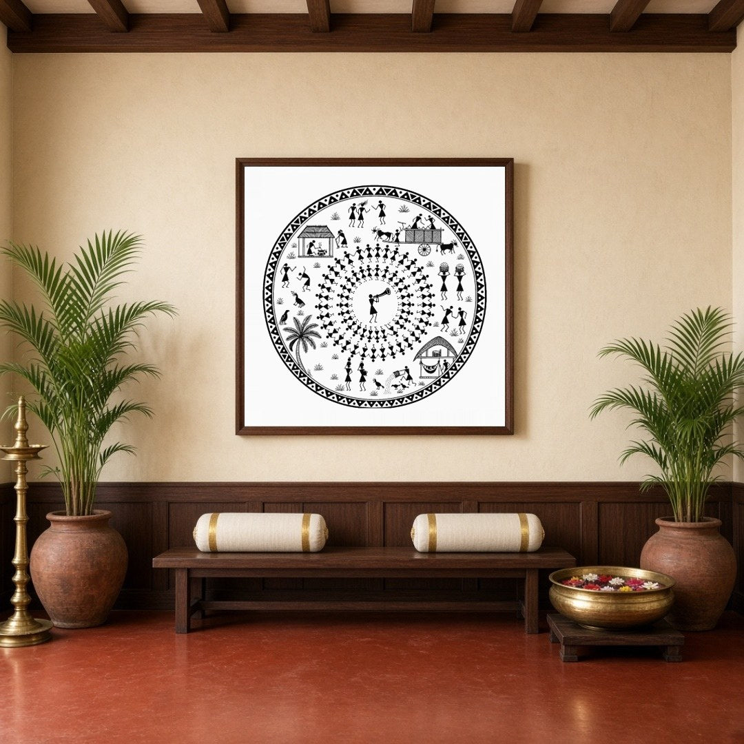 Celebrate the joyous rhythms of village life with this captivating Warli art print, showcasing for Hallway