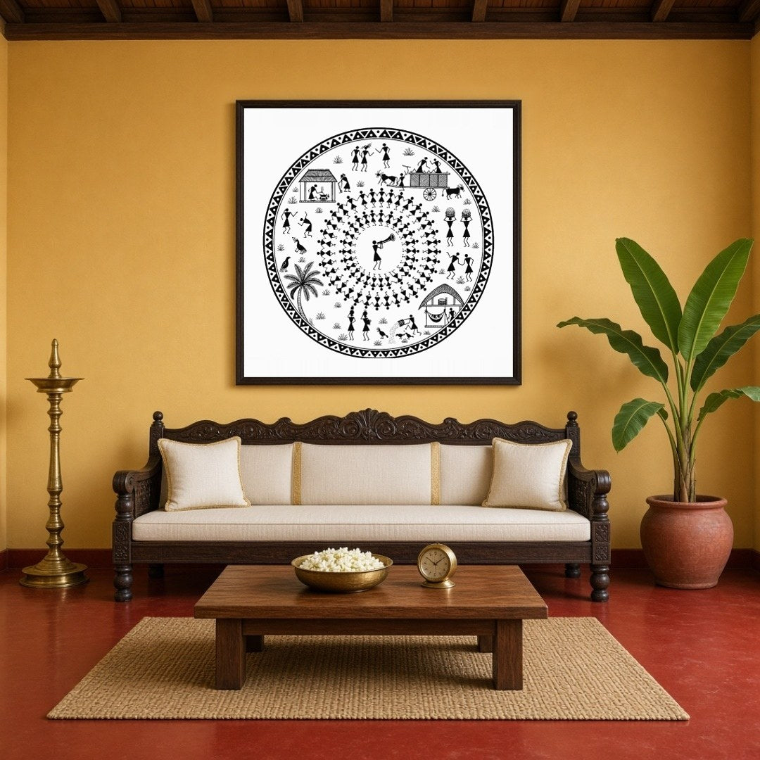 Celebrate the joyous rhythms of village life with this captivating Warli art print, showcasing for Living Room