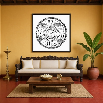 Celebrate the joyous rhythms of village life with this captivating Warli art print, showcasing for Living Room