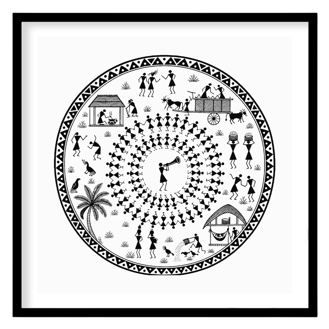 Celebrate the joyous rhythms of village life with this captivating Warli art print, showcasing for nook