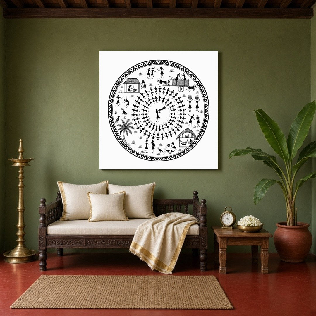 Celebrate the joyous rhythms of village life with this captivating Warli art print, showcasing for Sitting Area