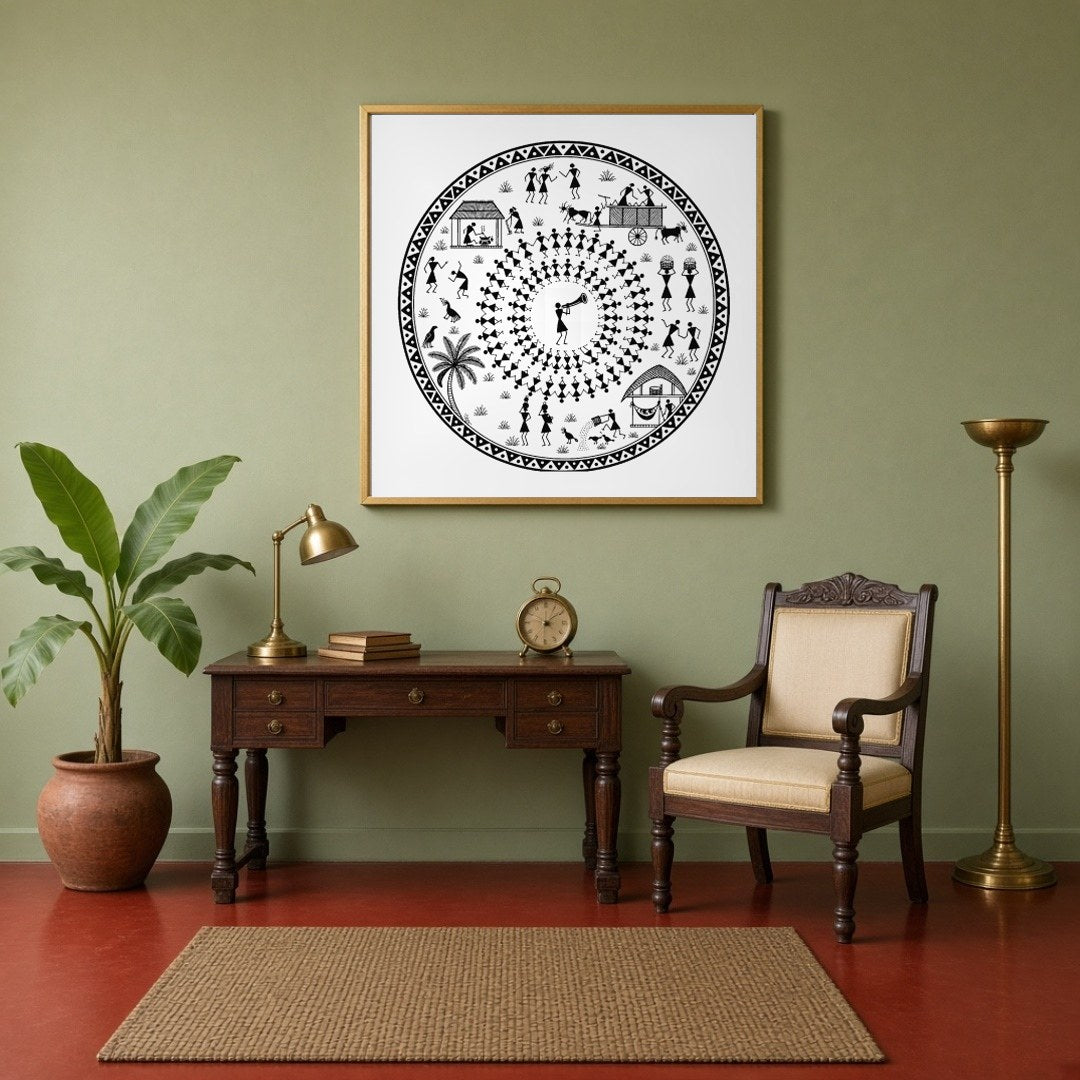 Celebrate the joyous rhythms of village life with this captivating Warli art print, showcasing for Study