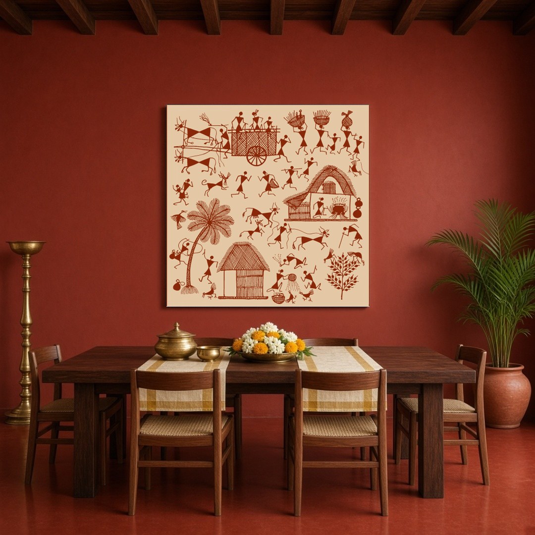 Immerse yourself in the vibrant rhythm of village life with this Warli art piece, capturing the for Dining