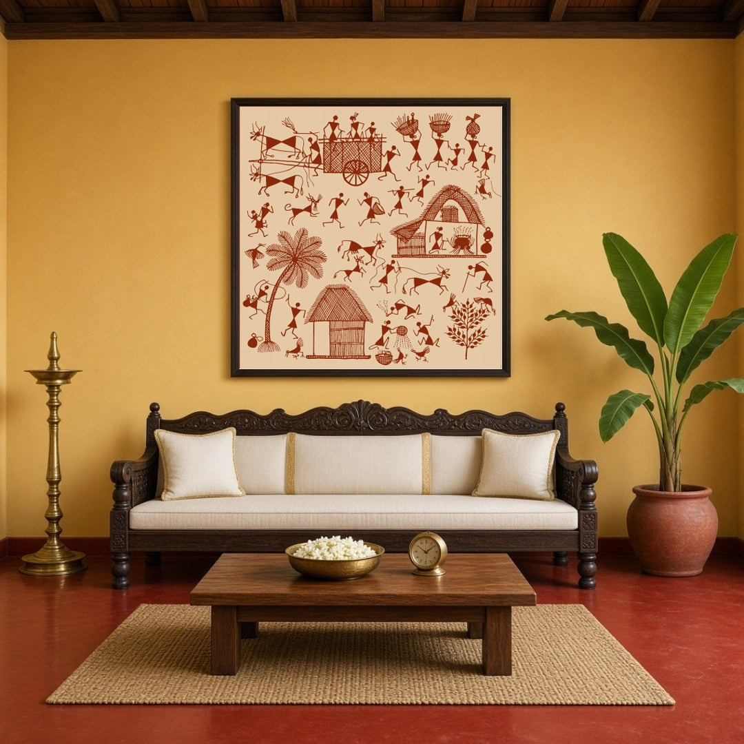 Immerse yourself in the vibrant rhythm of village life with this Warli art piece, capturing the for Living Room