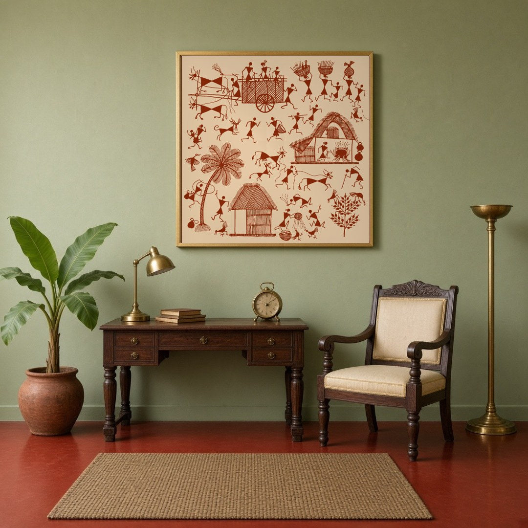 Immerse yourself in the vibrant rhythm of village life with this Warli art piece, capturing the for Study