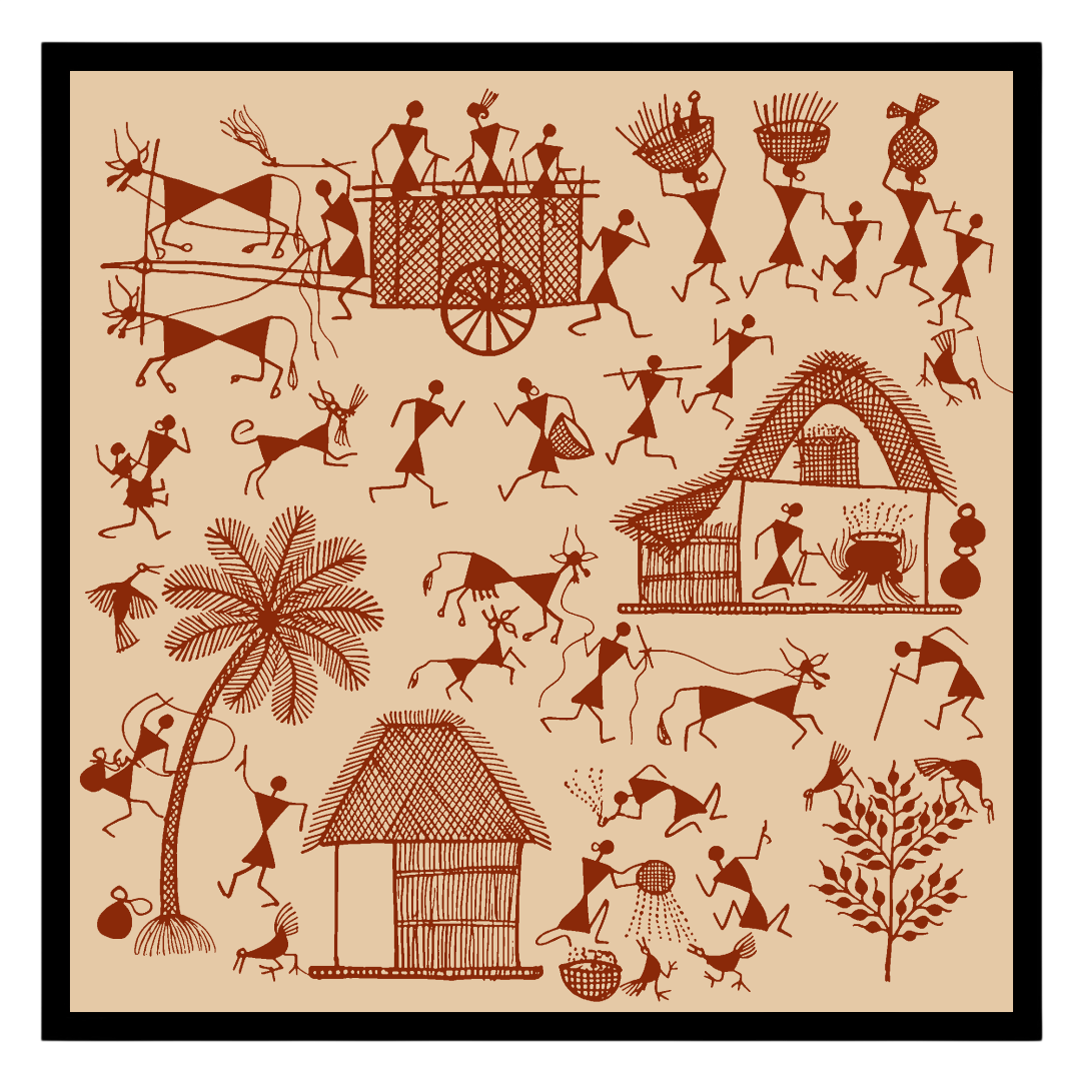 Immerse yourself in the vibrant rhythm of village life with this Warli art piece, capturing the for sweet-home