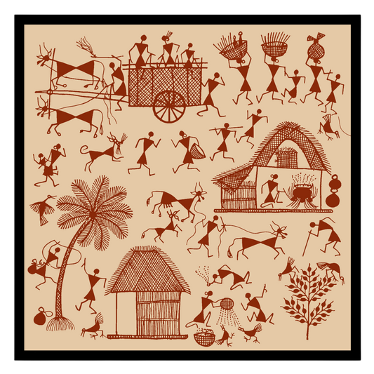Immerse yourself in the vibrant rhythm of village life with this Warli art piece, capturing the for sweet-home