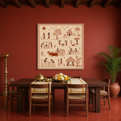 Experience the vibrant rhythm of village life captured in this exquisite Warli art print. Featuring for Dining
