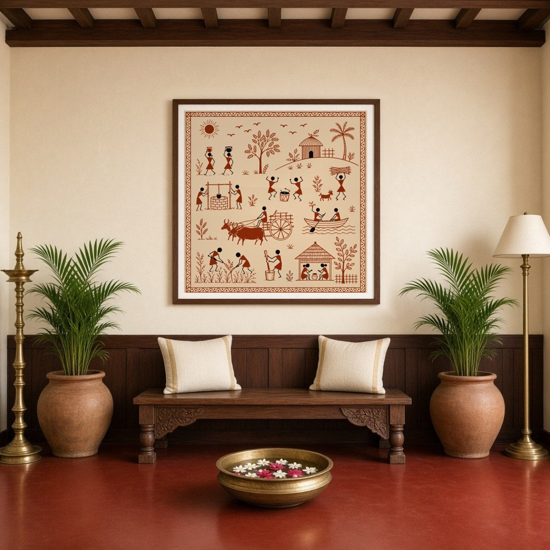 Experience the vibrant rhythm of village life captured in this exquisite Warli art print. Featuring for Entrance
