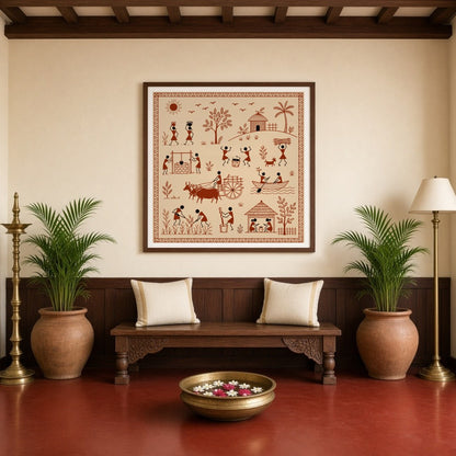 Experience the vibrant rhythm of village life captured in this exquisite Warli art print. Featuring for Entrance