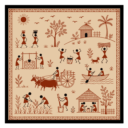 Experience the vibrant rhythm of village life captured in this exquisite Warli art print. Featuring for hallway