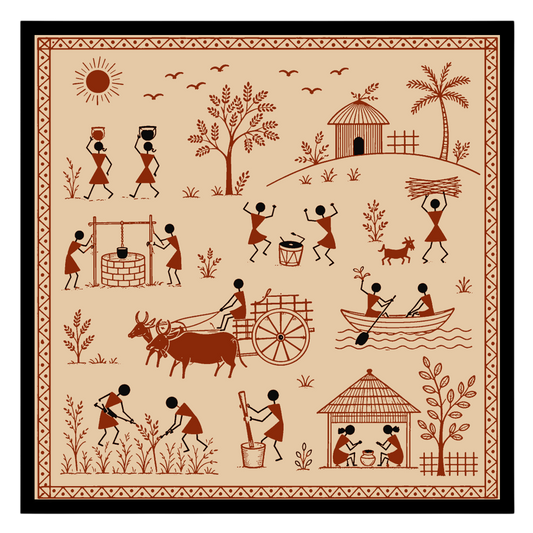 Experience the vibrant rhythm of village life captured in this exquisite Warli art print. Featuring for hallway