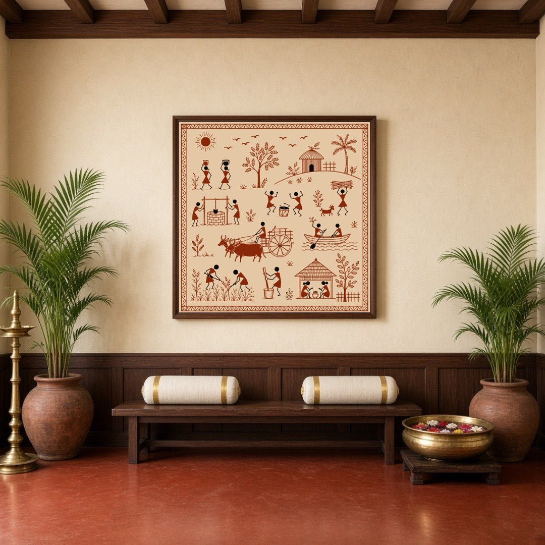 Experience the vibrant rhythm of village life captured in this exquisite Warli art print. Featuring for haven