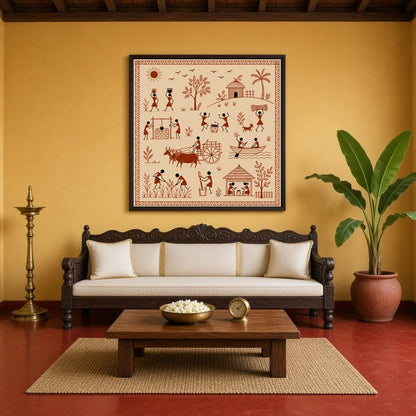 Experience the vibrant rhythm of village life captured in this exquisite Warli art print. Featuring for Living Room
