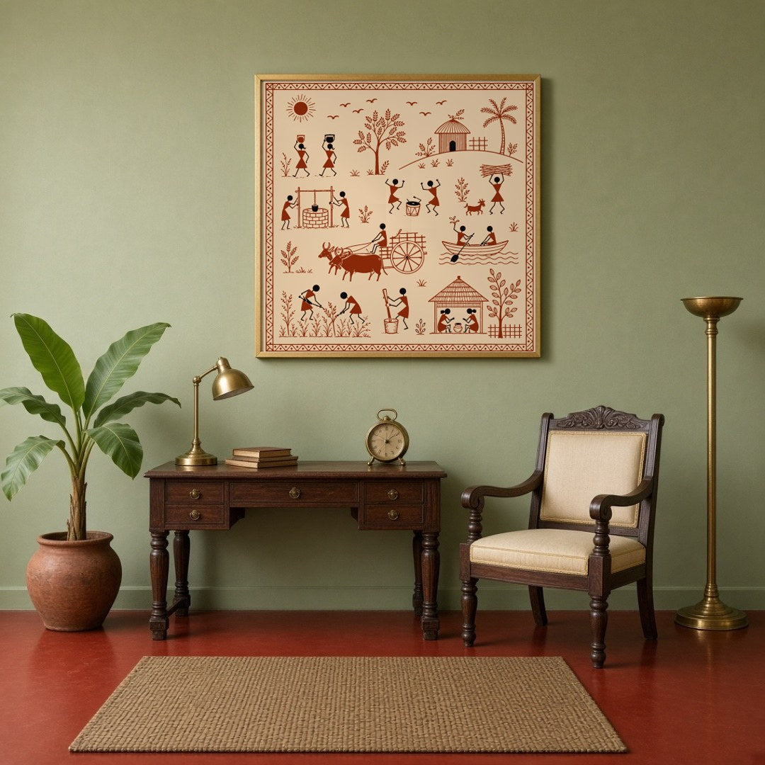 Experience the vibrant rhythm of village life captured in this exquisite Warli art print. Featuring for Study