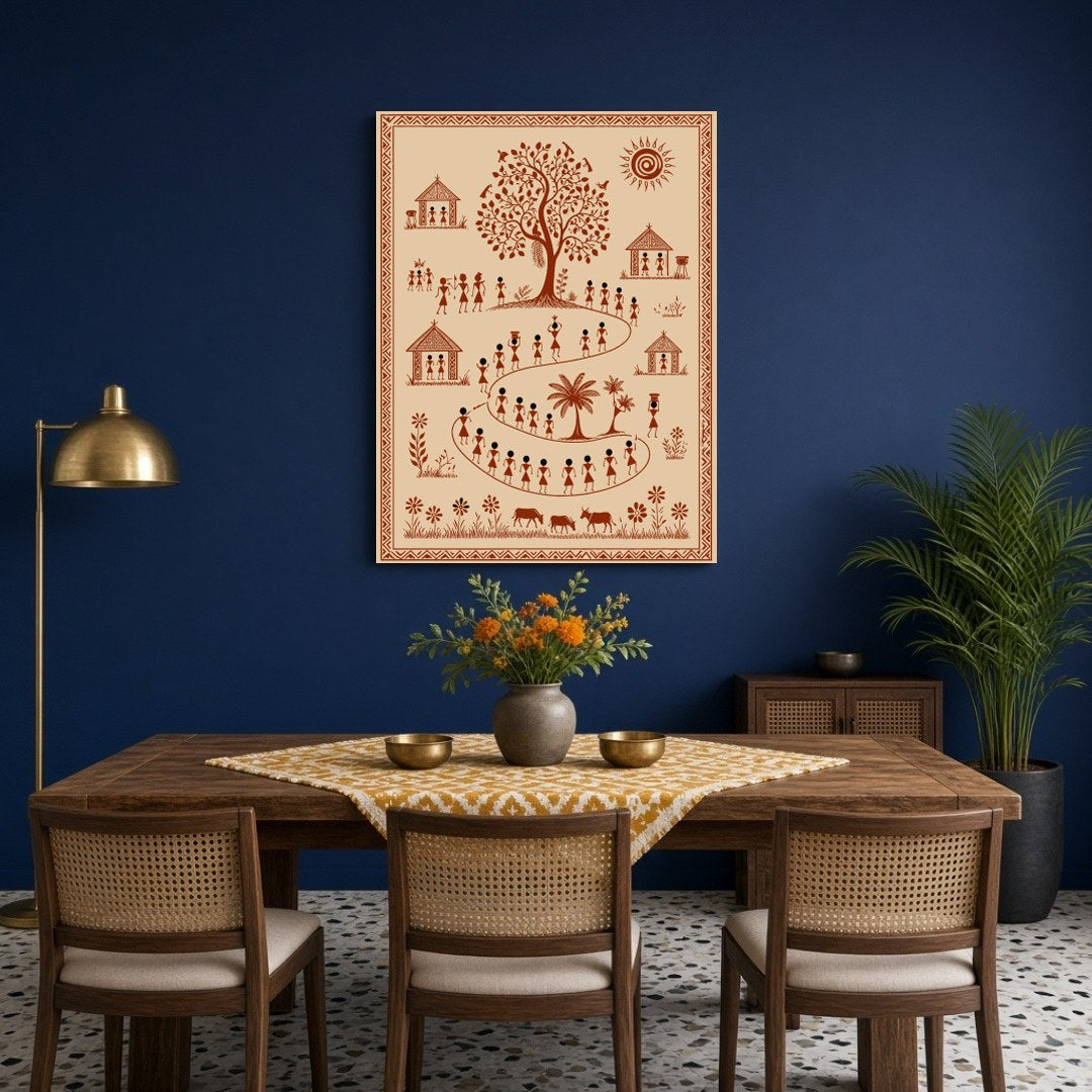 Immerse yourself in the vibrant world of Warli art with this captivating depiction of a lively for Dining