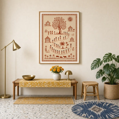 Immerse yourself in the vibrant world of Warli art with this captivating depiction of a lively for Entrance