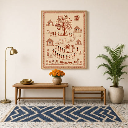 Immerse yourself in the vibrant world of Warli art with this captivating depiction of a lively for Hallway