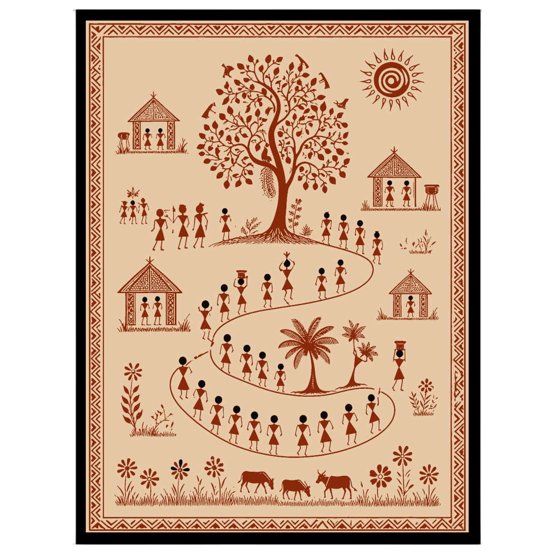 Immerse yourself in the vibrant world of Warli art with this captivating depiction of a lively for house