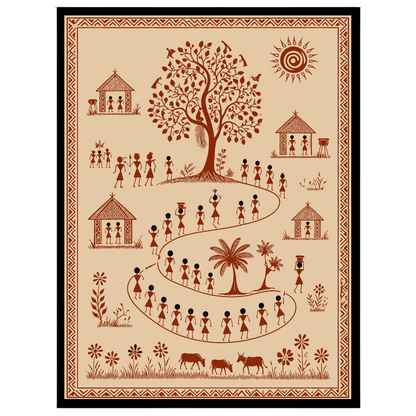 Immerse yourself in the vibrant world of Warli art with this captivating depiction of a lively for house