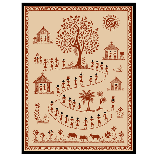 Immerse yourself in the vibrant world of Warli art with this captivating depiction of a lively for house