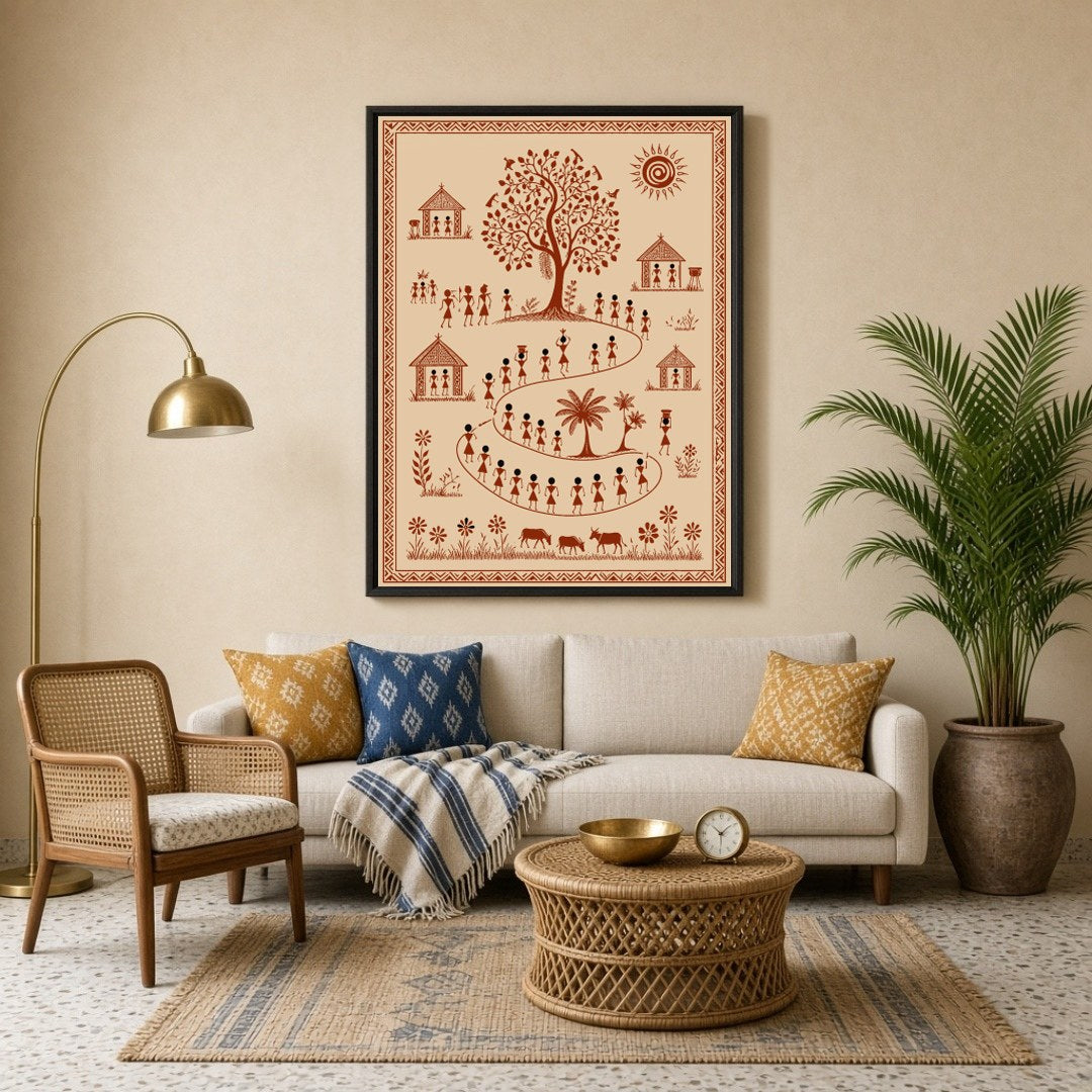 Immerse yourself in the vibrant world of Warli art with this captivating depiction of a lively for Living Room