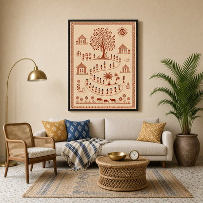 Immerse yourself in the vibrant world of Warli art with this captivating depiction of a lively for Living Room