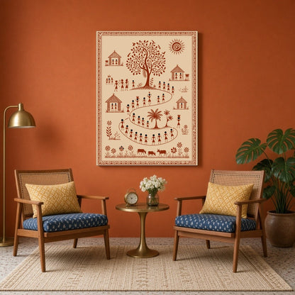 Immerse yourself in the vibrant world of Warli art with this captivating depiction of a lively for Sitting Area