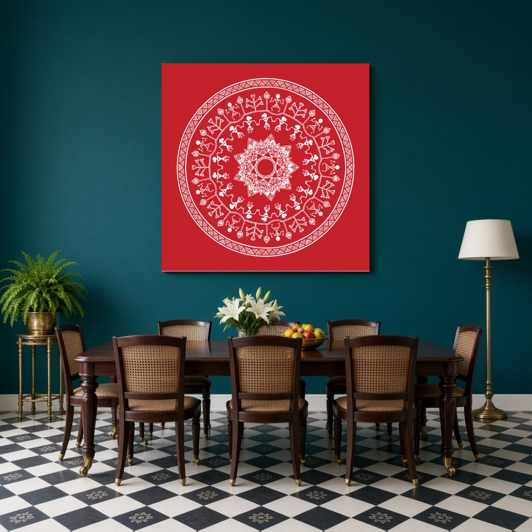 Immerse yourself in the vibrant rhythm of village life with this captivating Warli art print. The for Dining