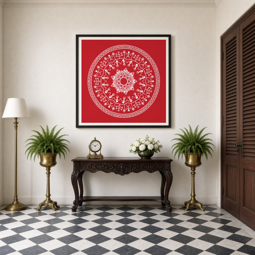 Immerse yourself in the vibrant rhythm of village life with this captivating Warli art print. The for Entrance