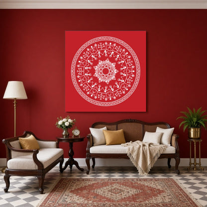 Immerse yourself in the vibrant rhythm of village life with this captivating Warli art print. The for Sitting Area