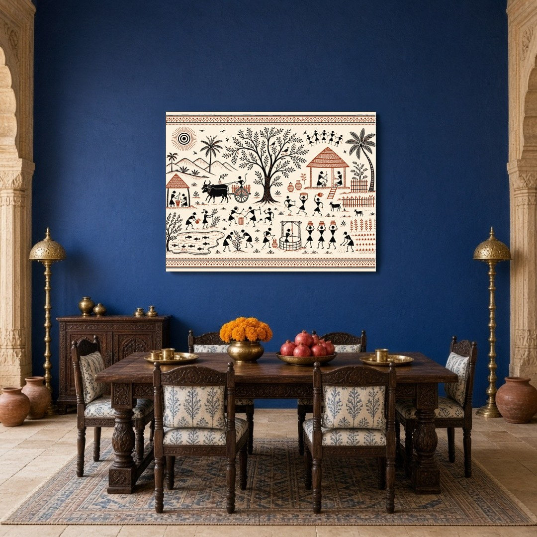 Immerse yourself in the vibrant tapestry of village life with this captivating Warli art piece. for Dining