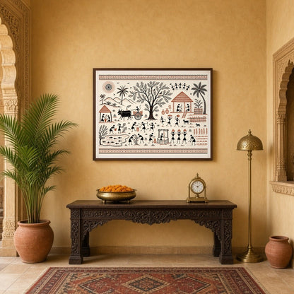 Immerse yourself in the vibrant tapestry of village life with this captivating Warli art piece. for Entrance