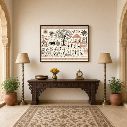 Immerse yourself in the vibrant tapestry of village life with this captivating Warli art piece. for Hallway