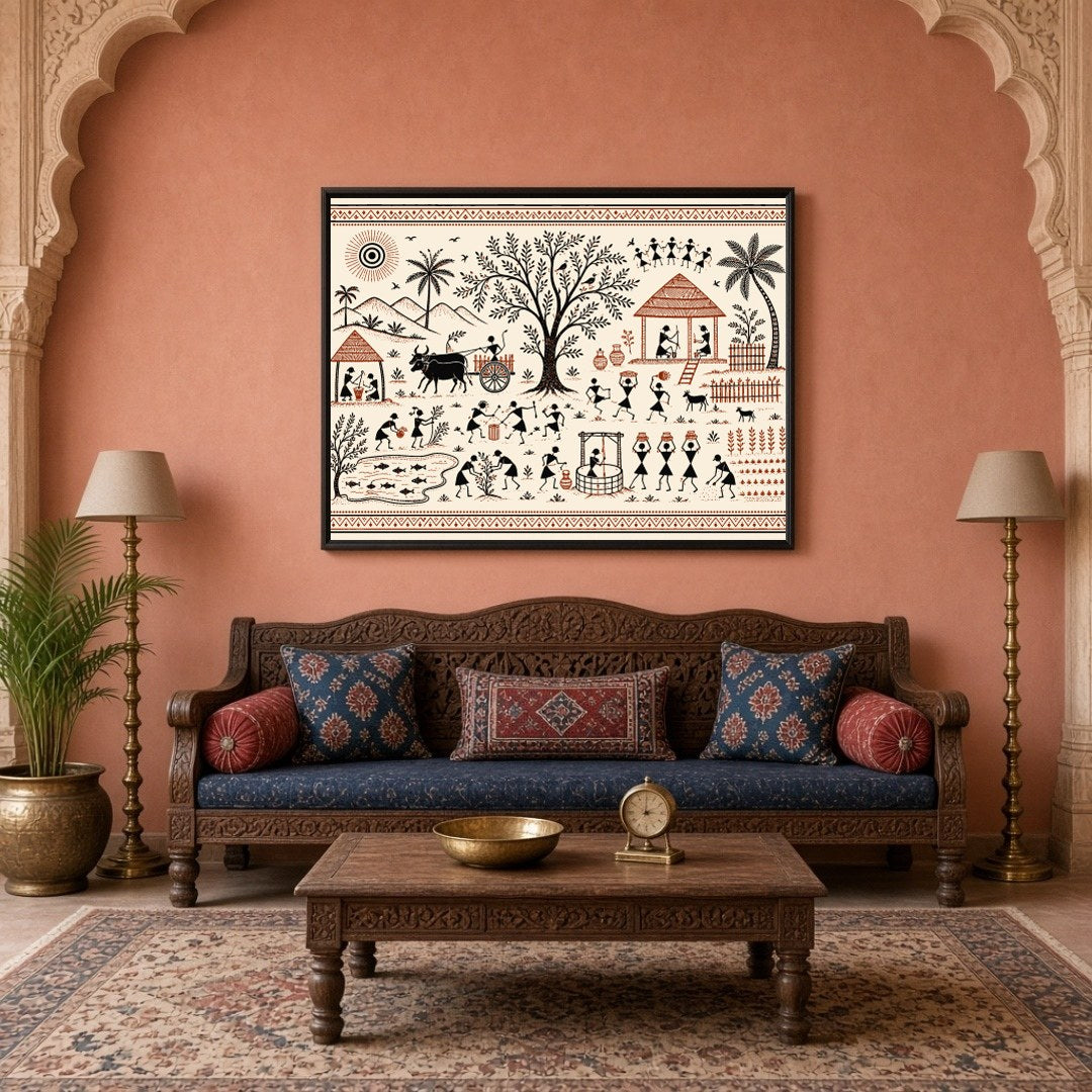 Immerse yourself in the vibrant tapestry of village life with this captivating Warli art piece. for Living Room