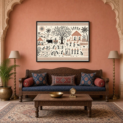 Immerse yourself in the vibrant tapestry of village life with this captivating Warli art piece. for Living Room
