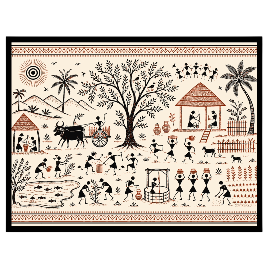 Immerse yourself in the vibrant tapestry of village life with this captivating Warli art piece. for office