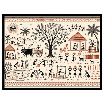 Immerse yourself in the vibrant tapestry of village life with this captivating Warli art piece. for office