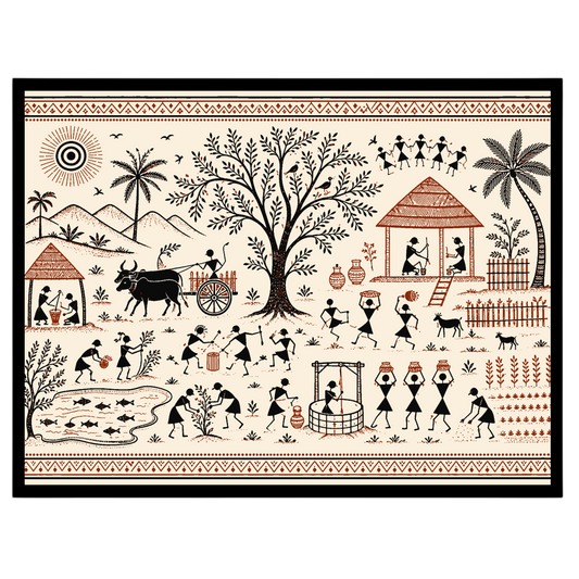 Immerse yourself in the vibrant tapestry of village life with this captivating Warli art piece. for office