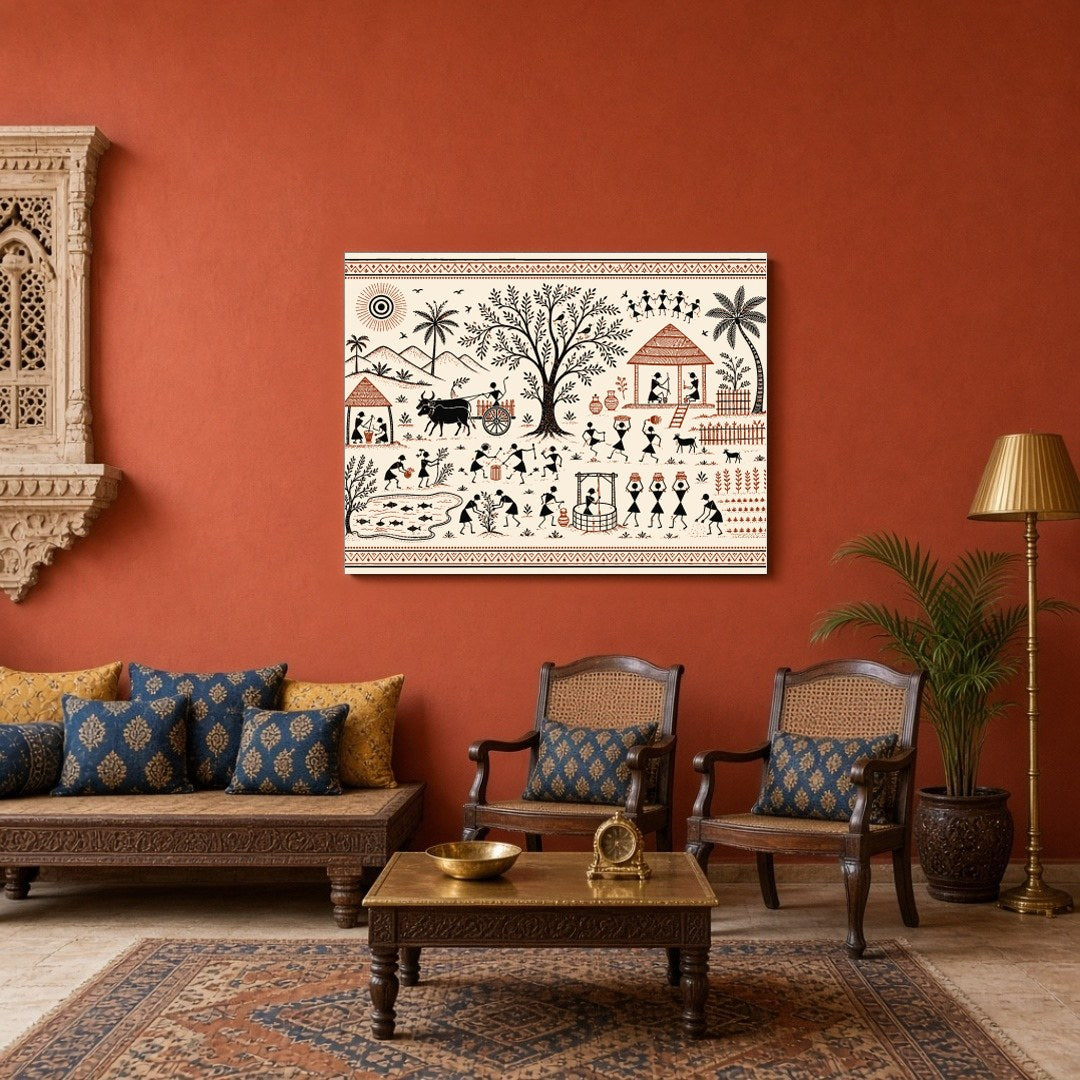 Immerse yourself in the vibrant tapestry of village life with this captivating Warli art piece. for Sitting Area