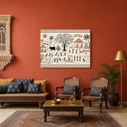 Immerse yourself in the vibrant tapestry of village life with this captivating Warli art piece. for Sitting Area