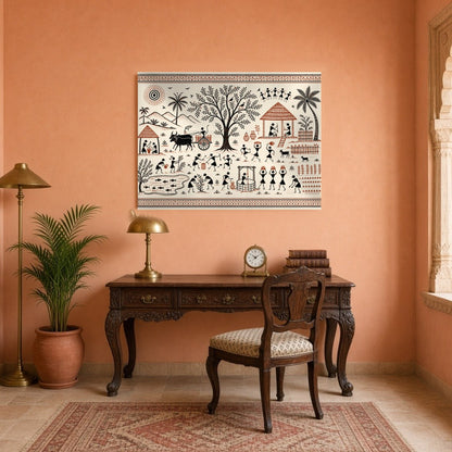 Immerse yourself in the vibrant tapestry of village life with this captivating Warli art piece. for Study
