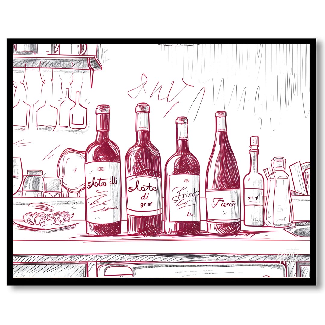 A charming hand-drawn illustration depicting a collection of wine bottles resting on a kitchen coun… for abode
