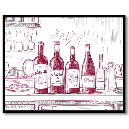 A charming hand-drawn illustration depicting a collection of wine bottles resting on a kitchen coun… for abode