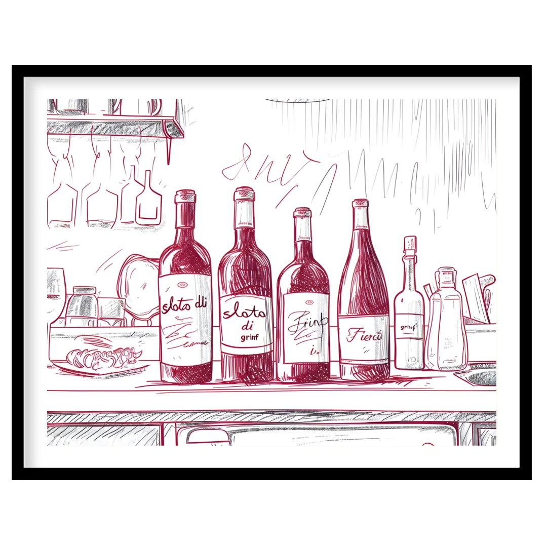 A charming hand-drawn illustration depicting a collection of wine bottles resting on a kitchen coun… for abode
