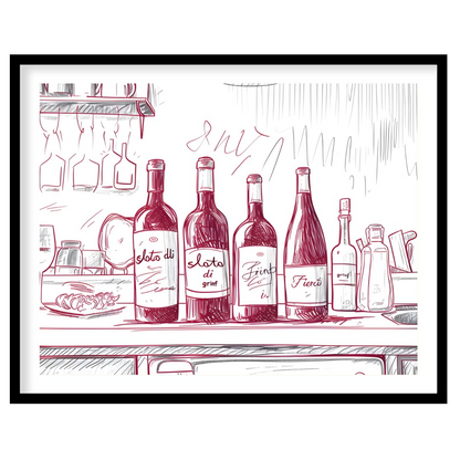 A charming hand-drawn illustration depicting a collection of wine bottles resting on a kitchen coun… for abode