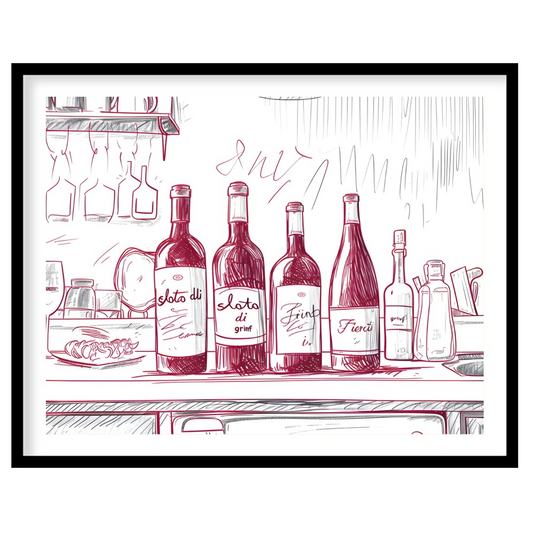 A charming hand-drawn illustration depicting a collection of wine bottles resting on a kitchen coun… for abode