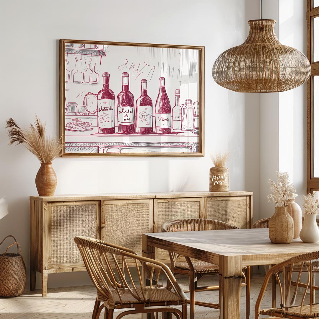 A charming hand-drawn illustration depicting a collection of wine bottles resting on a kitchen coun… for dining room