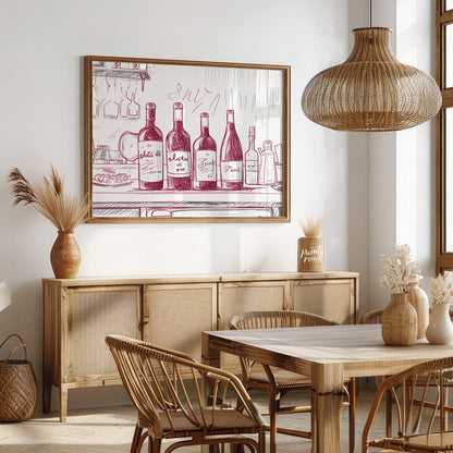 A charming hand-drawn illustration depicting a collection of wine bottles resting on a kitchen coun… for dining room