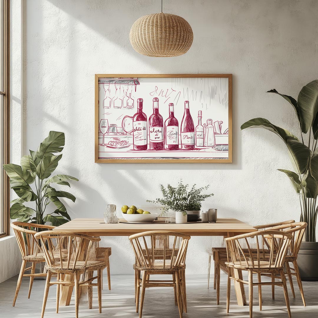 A charming hand-drawn illustration depicting a collection of wine bottles resting on a kitchen coun… for dining room
